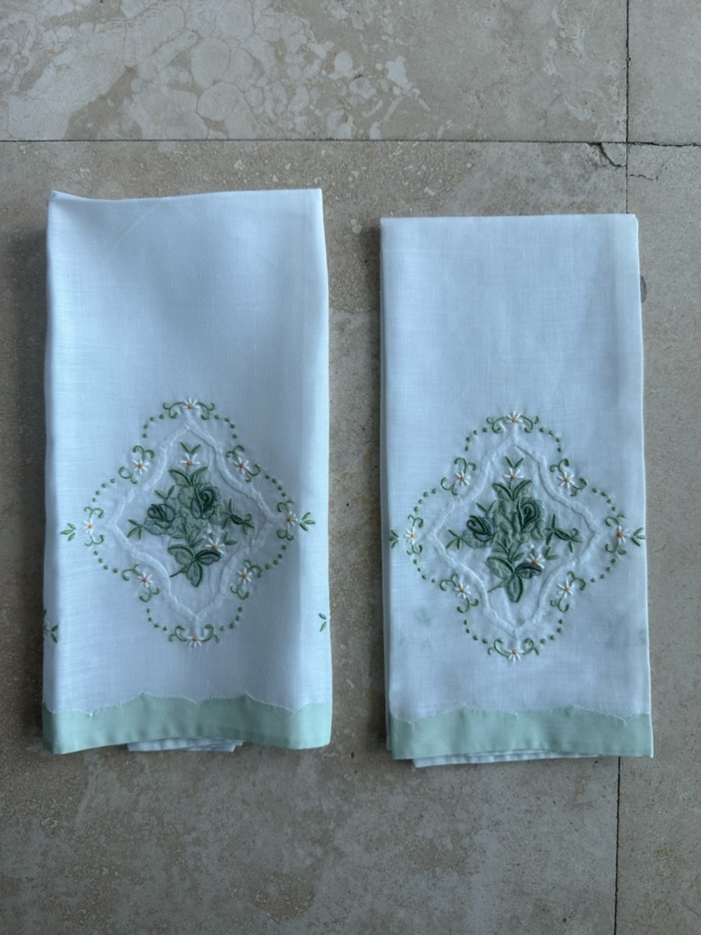 Vintage 1980’s Hand Embroidered White Linen Dinner Napkins  Green Floral Motif